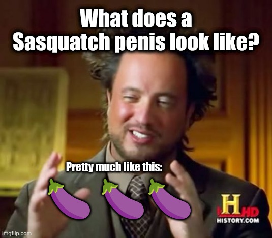 Sasquatch Penis! | What does a Sasquatch penis look like? Pretty much like this:; 🍆 🍆🍆 | image tagged in memes,ancient aliens | made w/ Imgflip meme maker