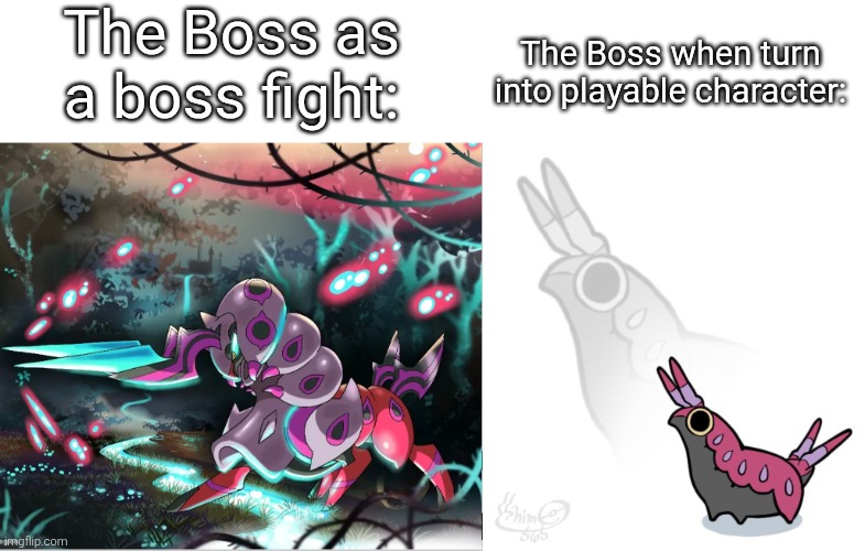 Fortunately there are some bosses, who aren't weak or even stronger. | The Boss as a boss fight:; The Boss when turn into playable character: | image tagged in boss,memes,video games | made w/ Imgflip meme maker
