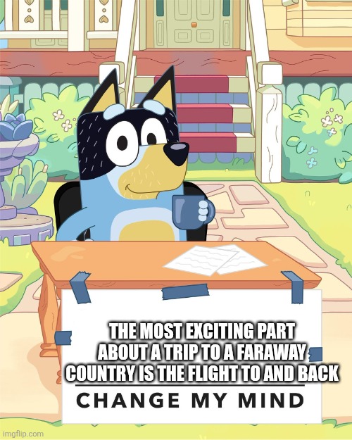 i love 7 hour flights | The most exciting part about a trip to a faraway country is the flight to and back | image tagged in bandit heeler change my mind | made w/ Imgflip meme maker