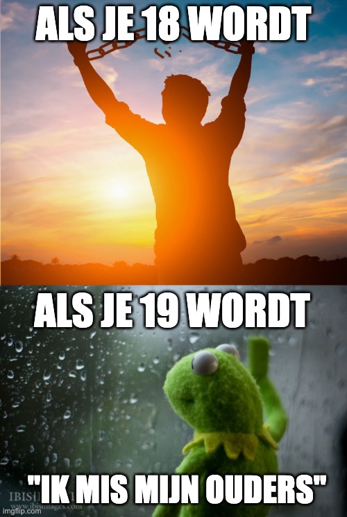 Echt... | Als je 18 wordt; Als je 19 wordt; "Ik mis mijn ouders" | image tagged in man breaking free from chains over the sunset,kermit window,18,19,leeftijd,nederlands | made w/ Imgflip meme maker