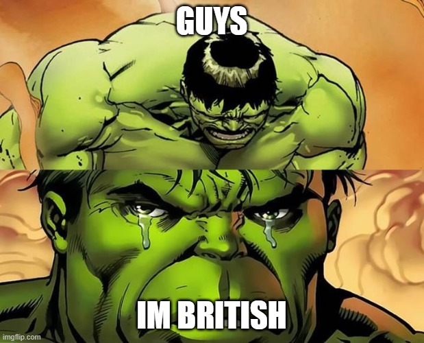 Am i 1 of the only british ppl here | Guys; Im British | image tagged in crying hulk,british | made w/ Imgflip meme maker