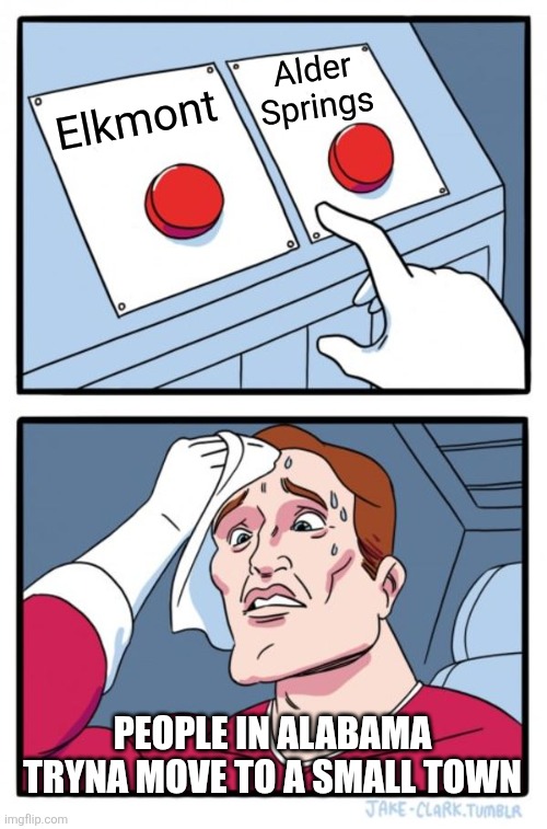 People in Alabama trying to find a small town to live in | Alder Springs; Elkmont; People in Alabama tryna move to a small town | image tagged in memes,two buttons | made w/ Imgflip meme maker