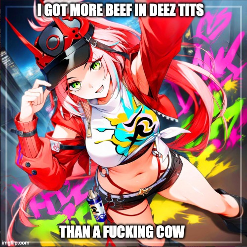 Booby beef | I got more beef in deez tits; than a fucking cow | image tagged in screenshot 2026-05-27 at 10 34 21 am png,horny,big boobs,sexy,nsfw | made w/ Imgflip meme maker