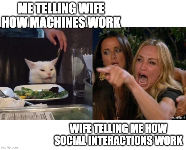 Cat yelled at by a woman | Me telling wife how machines work; Wife telling me how social interactions work | image tagged in cat yelled at by a woman | made w/ Imgflip meme maker