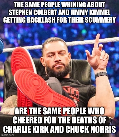 Tribal Truths #2: Hypocrisy is everywhere | The same people whining about Stephen Colbert and Jimmy Kimmel getting backlash for their scummery; Are the same people who cheered for the deaths of Charlie Kirk and Chuck Norris | image tagged in roman reigns 5 | made w/ Imgflip meme maker