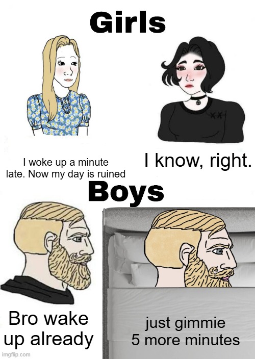 More like 5 more hours | I know, right. I woke up a minute late. Now my day is ruined; just gimmie 5 more minutes; Bro wake up already | image tagged in memes,girls vs boys,funny,sleep,wake up,relatable | made w/ Imgflip meme maker