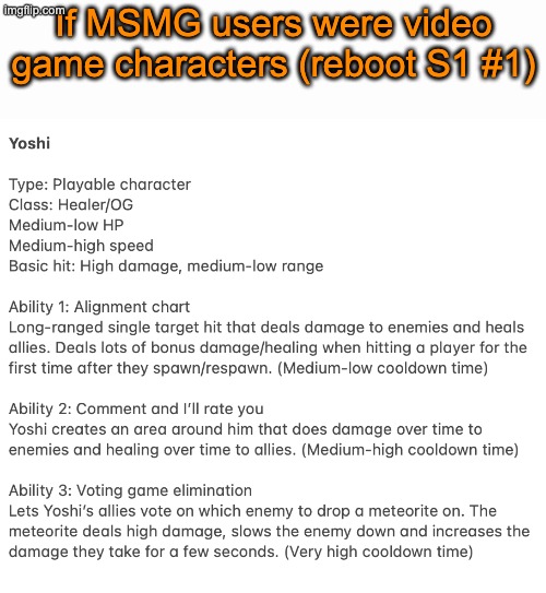Starting. The video game can include playable characters, helpers, NPCs, enemies, bosses, and one-time abilities. | If MSMG users were video game characters (reboot S1 #1) | image tagged in msmg videogame reboot | made w/ Imgflip meme maker