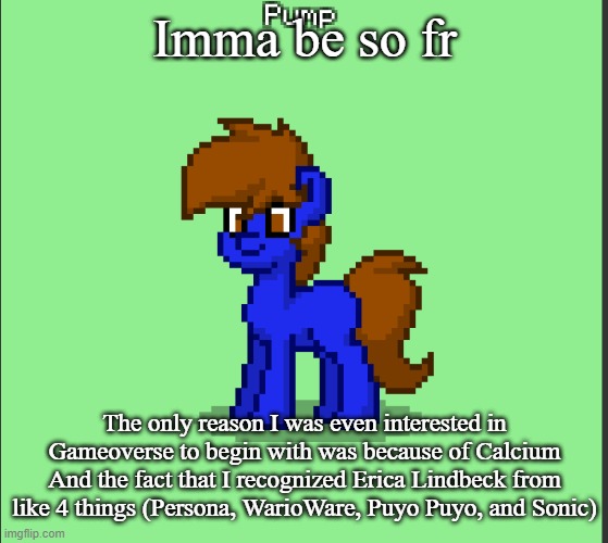 Pony Pump except in Pony Town | Imma be so fr; The only reason I was even interested in Gameoverse to begin with was because of Calcium
And the fact that I recognized Erica Lindbeck from like 4 things (Persona, WarioWare, Puyo Puyo, and Sonic) | image tagged in pony pump except in pony town | made w/ Imgflip meme maker
