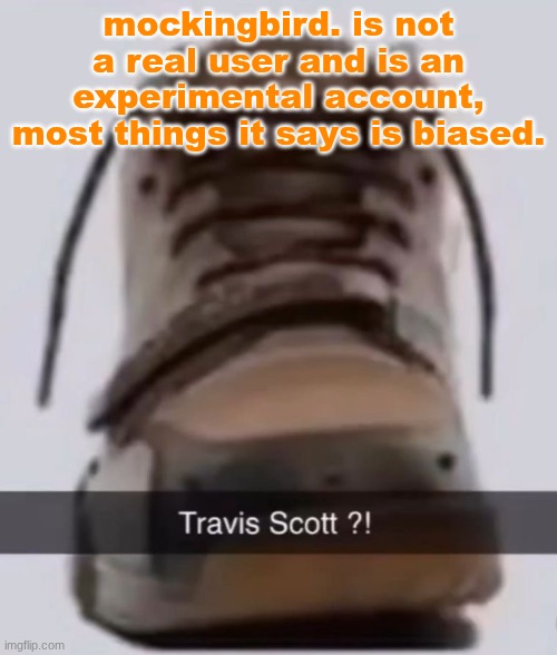 Travis scott ?! | mockingbird. is not a real user and is an experimental account, most things it says is biased. | image tagged in travis scott | made w/ Imgflip meme maker