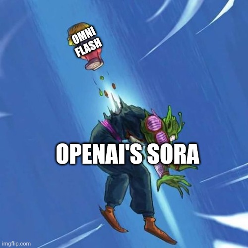 Omni Flash's Birth in a Nutshell | Omni Flash; OpenAI's Sora | image tagged in death of piccolo | made w/ Imgflip meme maker