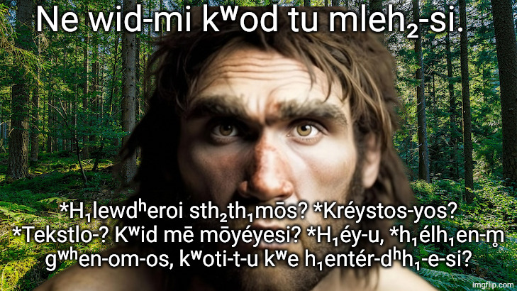 Ne wid-mi kʷod tu mleh₂-si. *H₁lewdʰeroi sth₂th₁mōs? *Kréystos-yos? *Tekstlo-? Kʷid mē mōyéyesi? *H₁éy-u, *h₁élh₁en-m̥ gʷʰen-om-os, kʷoti-t-u kʷe h₁entér-dʰh₁-e-si? | made w/ Imgflip meme maker