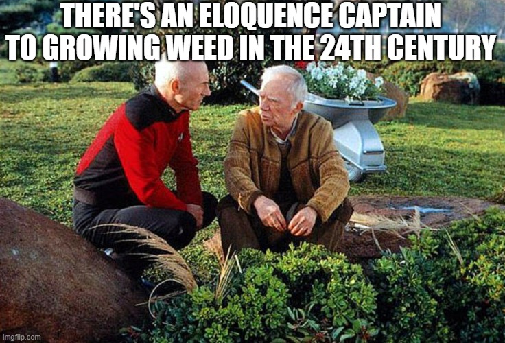 Weed Man | There's an eloquence captain to growing weed in the 24th century | image tagged in picard and boothby squatting | made w/ Imgflip meme maker