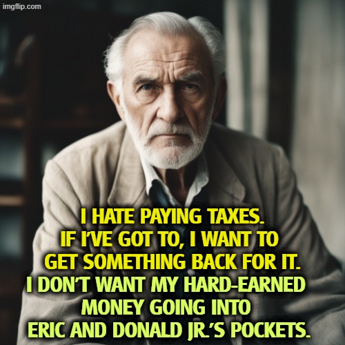 Eric and Donald Jr. won't bother to thank you. This corruption doesn't know embarrassment. | I hate paying taxes. If I've got to, I want to 
get something back for it. I don't want my hard-earned 
money going into 
Eric and Donald Jr.'s pockets. | image tagged in _angry old man looking directly at the camera 19 jpeg,taxes,eric trump,donald trump jr,corruption,stealing | made w/ Imgflip meme maker