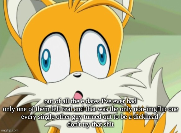 tails derp | out of all the e dates I've ever had only one of them felt real and that was the only non-imgflip one
every single other guy turned out to be a dickhead 
don't try that shit | image tagged in screenshot 2026-05-22 12 43 07 pm png | made w/ Imgflip meme maker