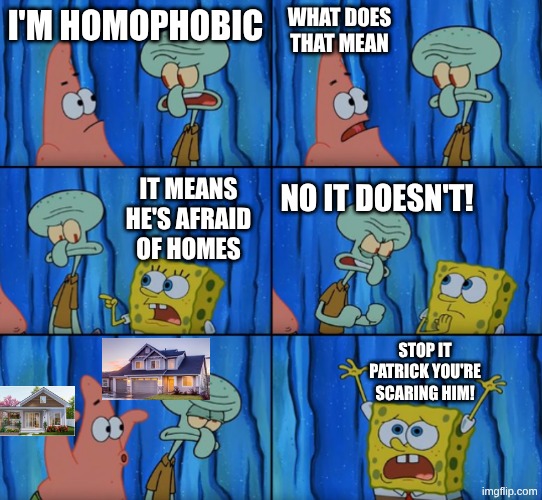 im not tho | what does that mean; I'm homophobic; it means he's afraid of homes; no it doesn't! stop it Patrick you're scaring him! | image tagged in stop it patrick you're scaring him correct text boxes,meme,funny,spongebob,patrick,squidward | made w/ Imgflip meme maker