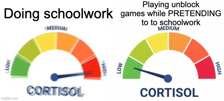high vs low cortisol | Playing unblock games while PRETENDING to to schoolwork; Doing schoolwork | image tagged in high vs low cortisol | made w/ Imgflip meme maker