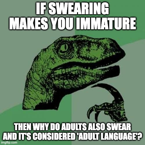 Philosoraptor Meme | If swearing makes you immature; then why do adults also swear and it's considered 'adult language'? | image tagged in memes,philosoraptor | made w/ Imgflip meme maker