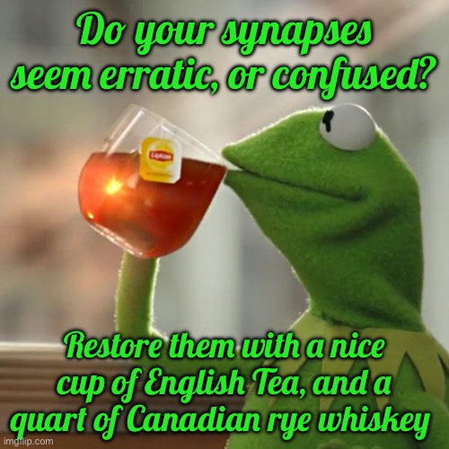 But That's None Of My Business Meme | Do your synapses seem erratic, or confused? Restore them with a nice cup of English Tea, and a quart of Canadian rye whiskey | image tagged in memes,but that's none of my business,kermit the frog | made w/ Imgflip meme maker