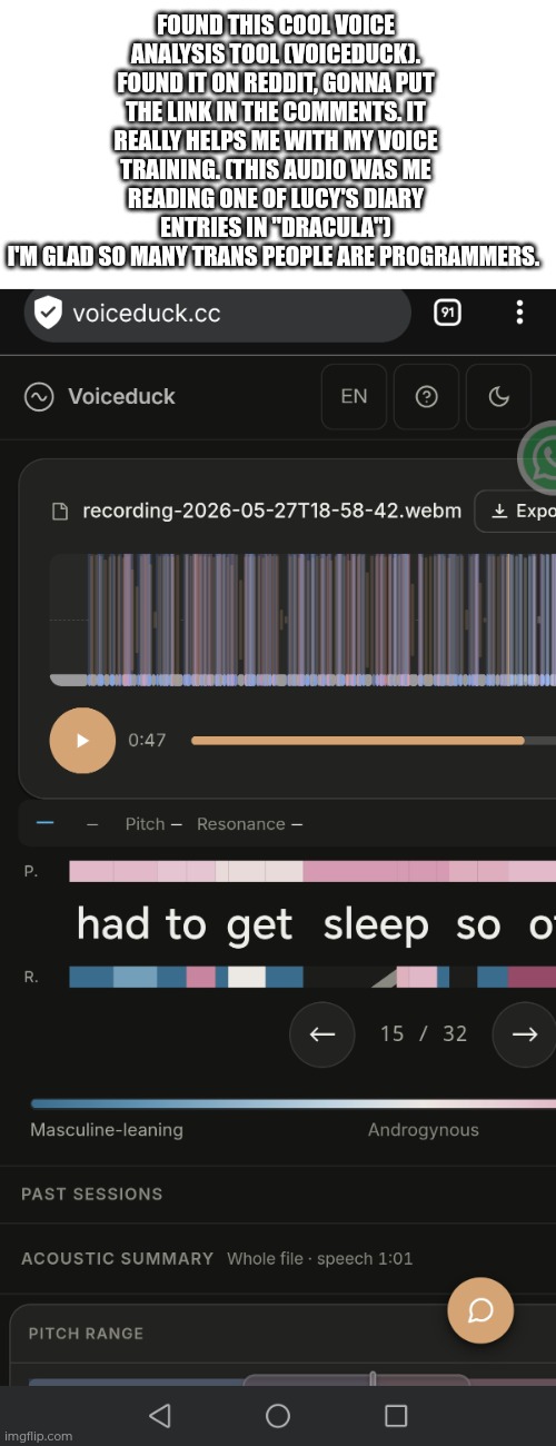 Cool voice analysis tool: Voiceduck | Found this cool voice analysis tool (voiceduck). Found it on reddit, gonna put the link in the comments. It really helps me with my voice training. (this audio was me reading one of Lucy's diary entries in "Dracula")
I'm glad so many trans people are programmers. | image tagged in voice training,transgender | made w/ Imgflip meme maker