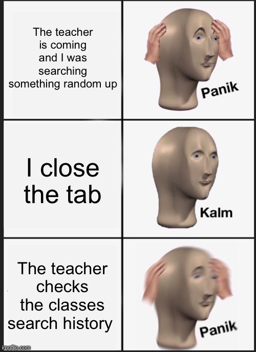 panic | The teacher is coming and I was searching something random up; I close the tab; The teacher checks the classes search history | image tagged in memes,panik kalm panik | made w/ Imgflip meme maker