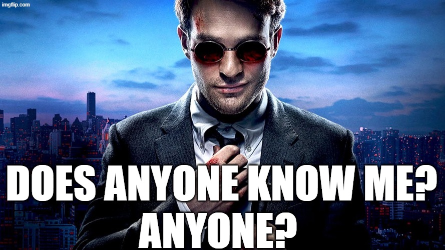 Just a question | Does anyone know me? Anyone? | image tagged in daredevil i see what you did there | made w/ Imgflip meme maker