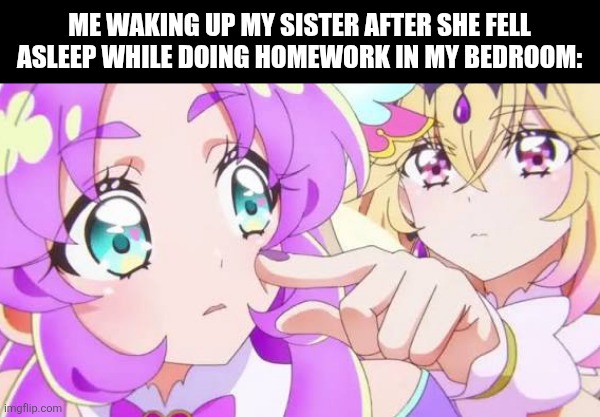 Me waking up my sister after she fell asleep while doing homework in my bedroom: | image tagged in memes,sister,homework | made w/ Imgflip meme maker