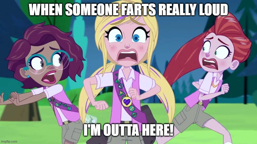 Polly Pocket runs away from The Grinch | When someone farts really loud; I'm outta here! | image tagged in polly pocket runs away from the grinch | made w/ Imgflip meme maker