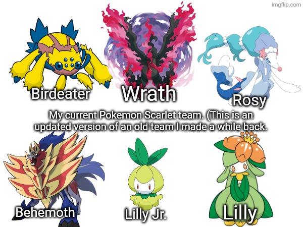 My newest Pokemon Scarlet team | Wrath; Birdeater; Rosy; My current Pokemon Scarlet team. (This is an updated version of an old team I made a while back. Lilly; Behemoth; Lilly Jr. | image tagged in pokemon | made w/ Imgflip meme maker
