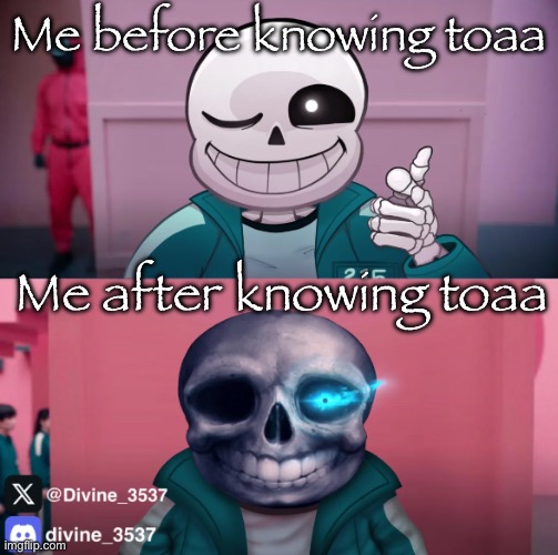 sans had a bad time | Me before knowing toaa; Me after knowing toaa | image tagged in sans had a bad time,remix | made w/ Imgflip meme maker