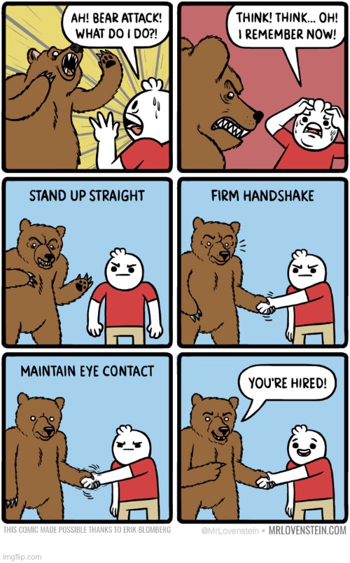 That bear was definitely impressed | image tagged in comics,mr lovenstein,bear,attack,rules,hired | made w/ Imgflip meme maker