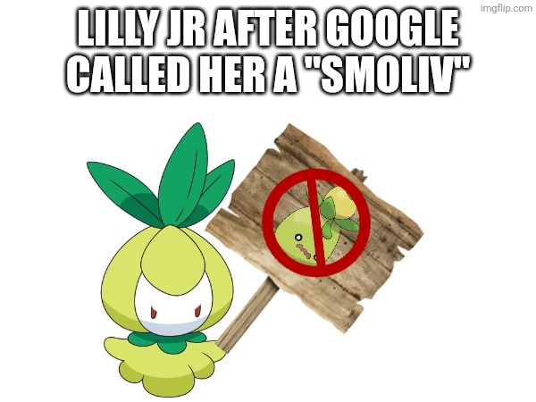 She's not a Smoliv! | Lilly Jr after Google called her a "Smoliv" | image tagged in pokemon,google,lilly jr | made w/ Imgflip meme maker