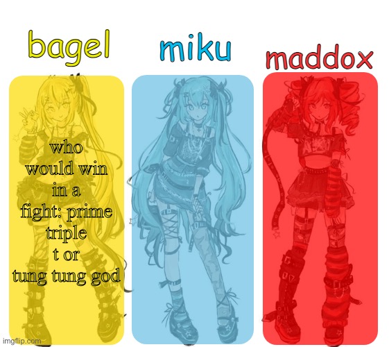 miku bagel and maddox temp | who would win in a fight: prime triple t or tung tung god | image tagged in miku bagel and maddox temp | made w/ Imgflip meme maker