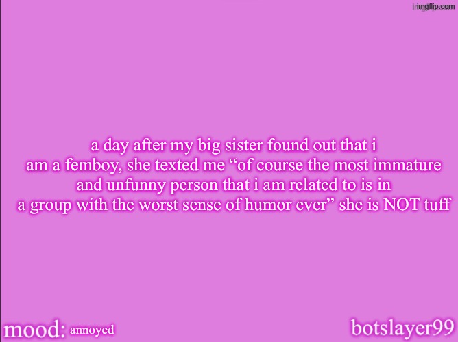 botslayer announcement temp v2 | a day after my big sister found out that i am a femboy, she texted me “of course the most immature and unfunny person that i am related to is in a group with the worst sense of humor ever” she is NOT tuff; annoyed | image tagged in botslayer announcement temp v2 | made w/ Imgflip meme maker