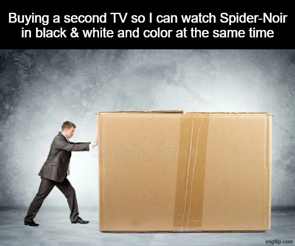 Glad I solved that decision | Buying a second TV so I can watch Spider-Noir in black & white and color at the same time | image tagged in memes,funny,spiderman,marvel | made w/ Imgflip meme maker