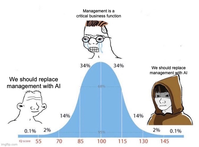 Bell Curve | Management is a critical business function; We should replace management with AI; We should replace management with AI | image tagged in bell curve | made w/ Imgflip meme maker