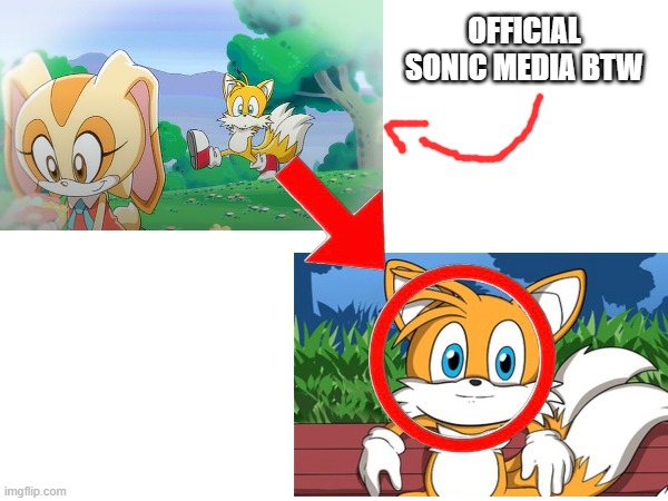 I was watching Sonic X and realised a similarity between these two images | Official sonic media btw | image tagged in memes,oh no,bench tails,tails,cream,sonic the hedgehog | made w/ Imgflip meme maker