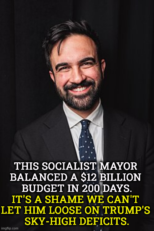 Attn: Deficit Hawks and Balanced Budget fans | This socialist mayor 
balanced a $12 billion 
budget in 200 days. It's a shame we can't 
let him loose on Trump's 
sky-high deficits. | image tagged in zohran mamdani,balance,deficit,debt,government,socialist | made w/ Imgflip meme maker