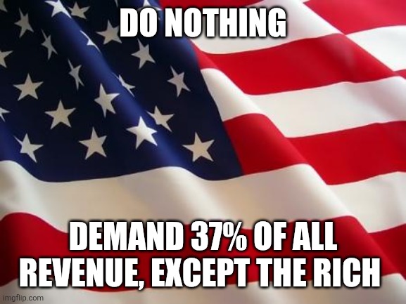 American flag | Do nothing; Demand 37% of all revenue, except the rich | image tagged in american flag | made w/ Imgflip meme maker