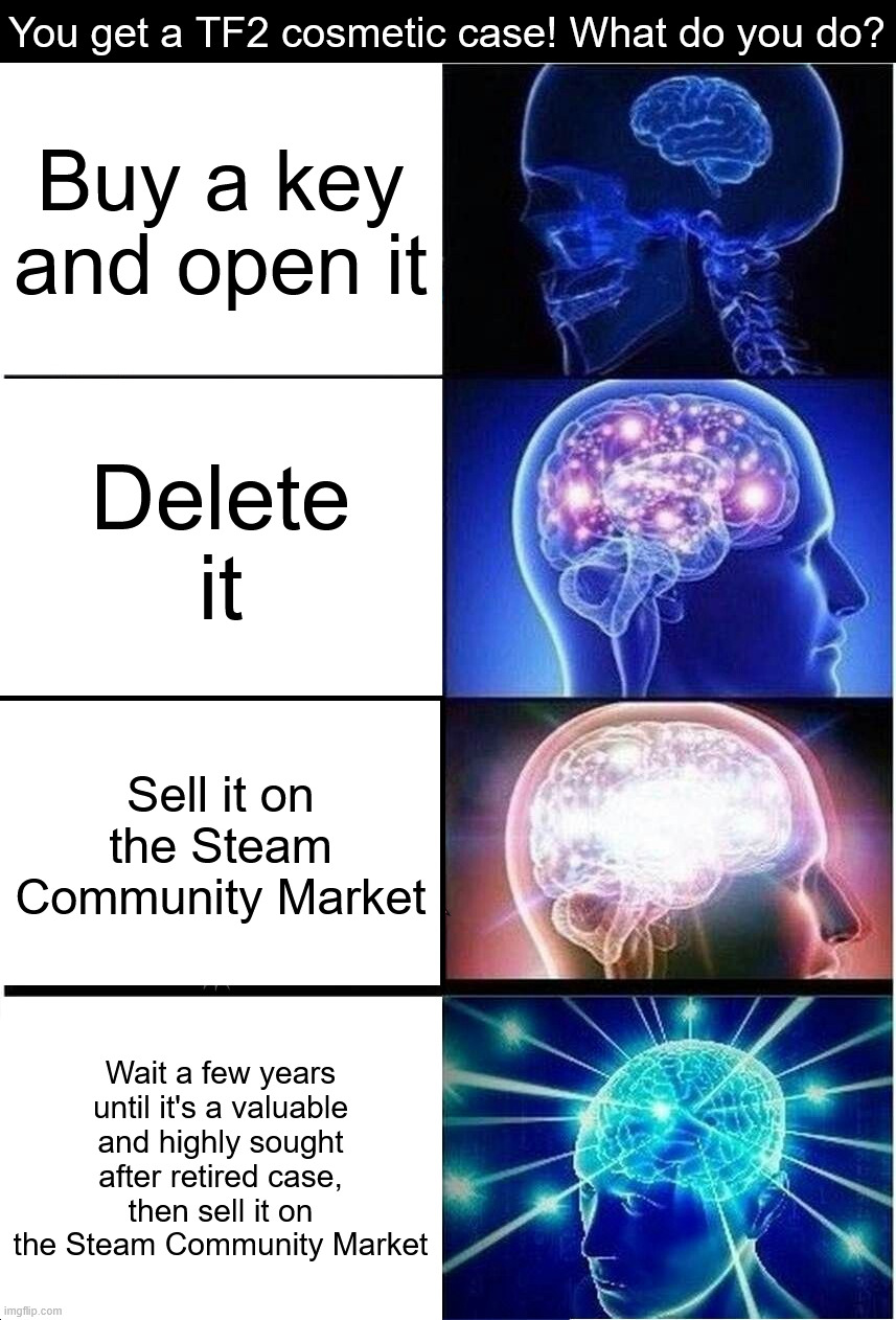 it my idea. may be done already. it still an idea i come up with. | You get a TF2 cosmetic case! What do you do? Buy a key and open it; Delete it; Sell it on the Steam Community Market; Wait a few years until it's a valuable and highly sought after retired case, then sell it on the Steam Community Market | image tagged in why do i have to put in tags,im too used to msmg,i can feel the rage building up inside me,i must supress it tho | made w/ Imgflip meme maker
