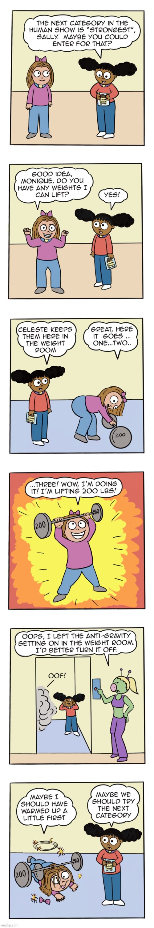image tagged in humans,sally,monique,weight lifting,gravity,ouch | made w/ Imgflip meme maker