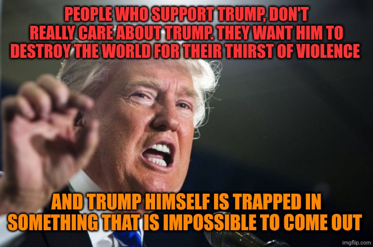 The only sad truth is this | People who support Trump, don't really care about Trump. They want him to destroy the world for their thirst of violence; And Trump himself is trapped in something that is impossible to come out | image tagged in donald trump | made w/ Imgflip meme maker