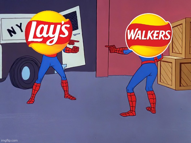 Walkers vs Lay's | image tagged in two spidermen pointing at each other,crisps,walkers,lays,united kingdom,ireland | made w/ Imgflip meme maker