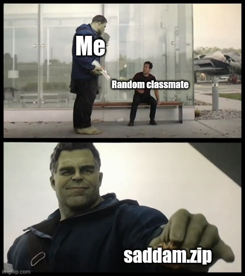 saddam.zip just contains a html file that is good for address me jokes | Me; Random classmate; saddam.zip | image tagged in hulk giving taco,memes,school,why,idk | made w/ Imgflip meme maker