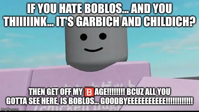 POV: You Are A Roblox Hater | If You Hate Boblos... and You Thiiiiink... it's Garbich And Childich? Then Get Off My 🅱️AGE!!!!!!!! Bcuz All You Gotta See Here, Is Boblos... GOODBYEeEeEeEeEeE!!!!!!!!!!!! | image tagged in roblos | made w/ Imgflip meme maker