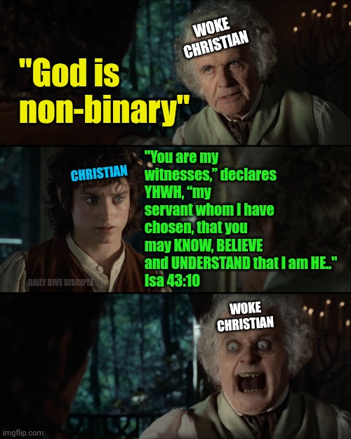 Frodo and Bilbo with scary face | Woke 
Christian; "God is non-binary"; Christian; "You are my witnesses,” declares YHWH, “my servant whom I have chosen, that you may KNOW, BELIEVE and UNDERSTAND that I am HE.." 
Isa 43:10; Woke
Christian; Daily Dive Disciple | image tagged in frodo and bilbo with scary face | made w/ Imgflip meme maker