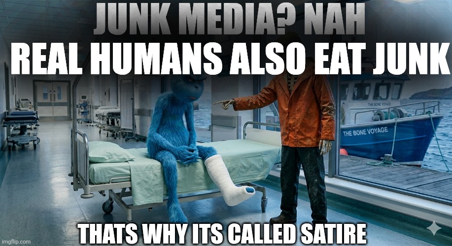 Skeleton met knee surgery | Junk media? Nah real humans also eat junk; Thats why its called satire | image tagged in skeleton met knee surgery | made w/ Imgflip meme maker