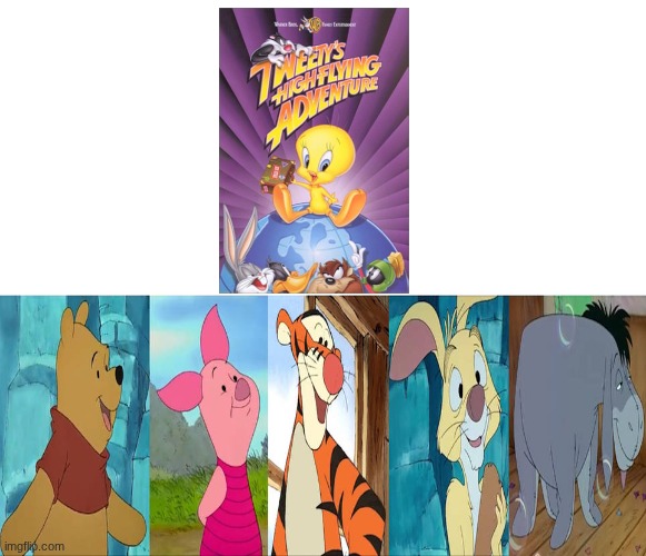 Pooh and friends love Tweety's High Flying Adventure | image tagged in pooh_and_friends_love__like_and_react_to_who_by_ruandejagerprodu,deviantart,winnie the pooh,tweety bird | made w/ Imgflip meme maker
