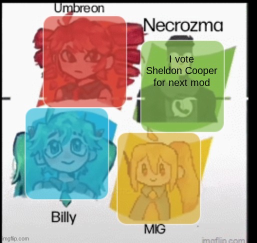 red Umbreon, necrozma, MIG, and Billy anoucement temp | I vote Sheldon Cooper for next mod | image tagged in red umbreon necrozma mig and billy anoucement temp | made w/ Imgflip meme maker