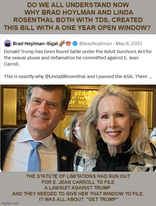 The adult survivor act set up to get Trump | Do we all understand now
 why brad hoylman and Linda Rosenthal both with TDS, created this bill with a one year open window? The statute of limitations had run out
for E. Jean Carroll to file

a lawsuit against Trump 
and they needed to give her that window to file.
 It was all about  "Get TRUMP" | image tagged in this is why the adult survivor act passed png | made w/ Imgflip meme maker