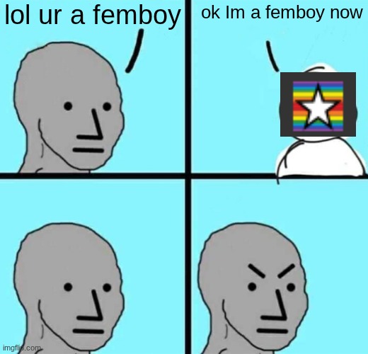 literally just the botslayer drama (get over it) | lol ur a femboy; ok Im a femboy now | image tagged in angry npc wojak | made w/ Imgflip meme maker